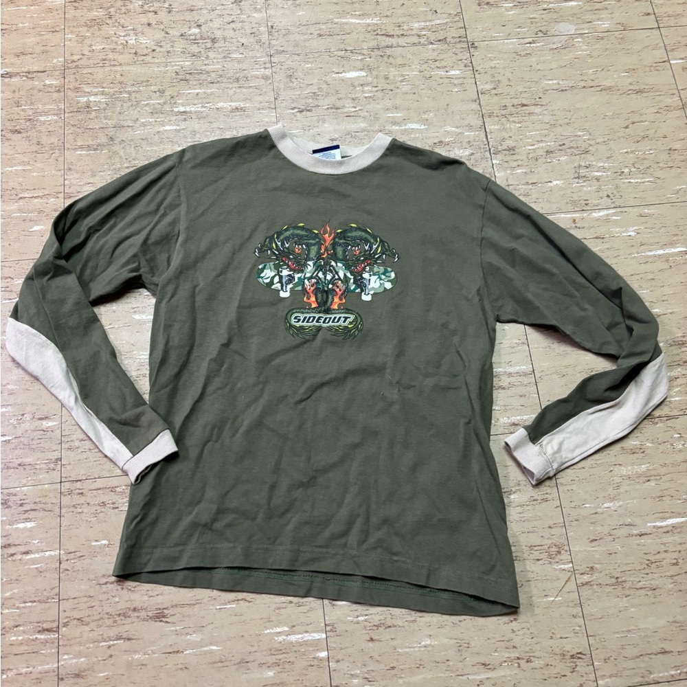 Youth XL Sideout Skater Dragon Flame Green Long Sleeve Shirt *Flaw